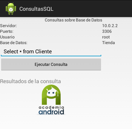 Pantalla Aplicación Android: ejecutar consulta SQL