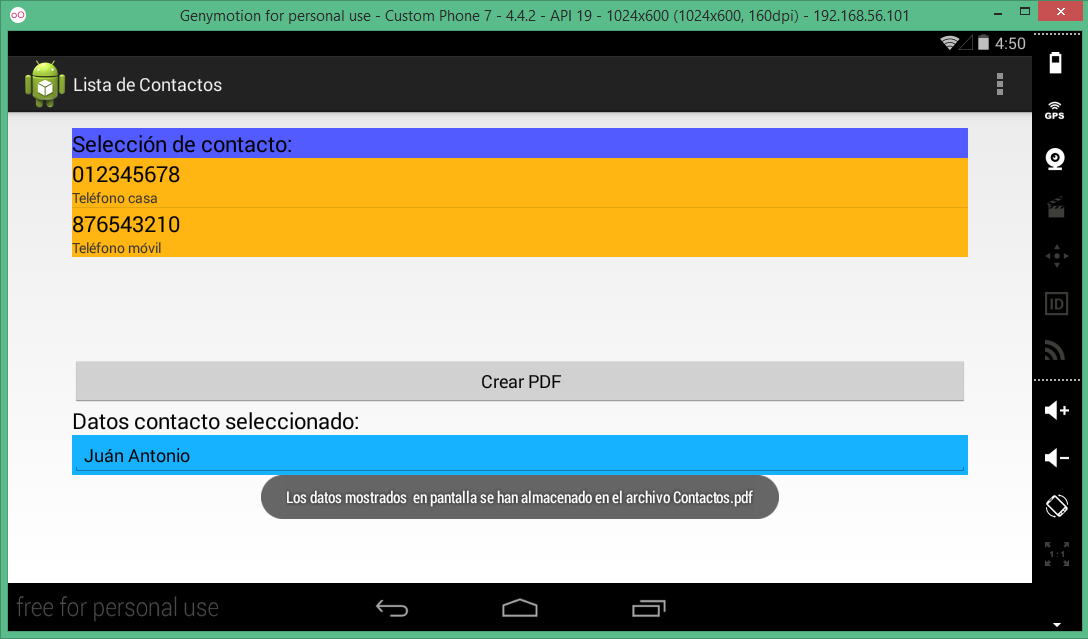 Pantalla Aplicación Lista de contactos Android